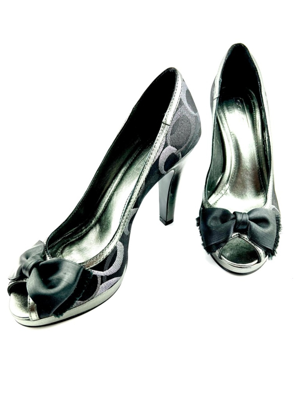 COACH Whitnie Black Signature Bow Peep-Toe High Heels Y2K Vintage